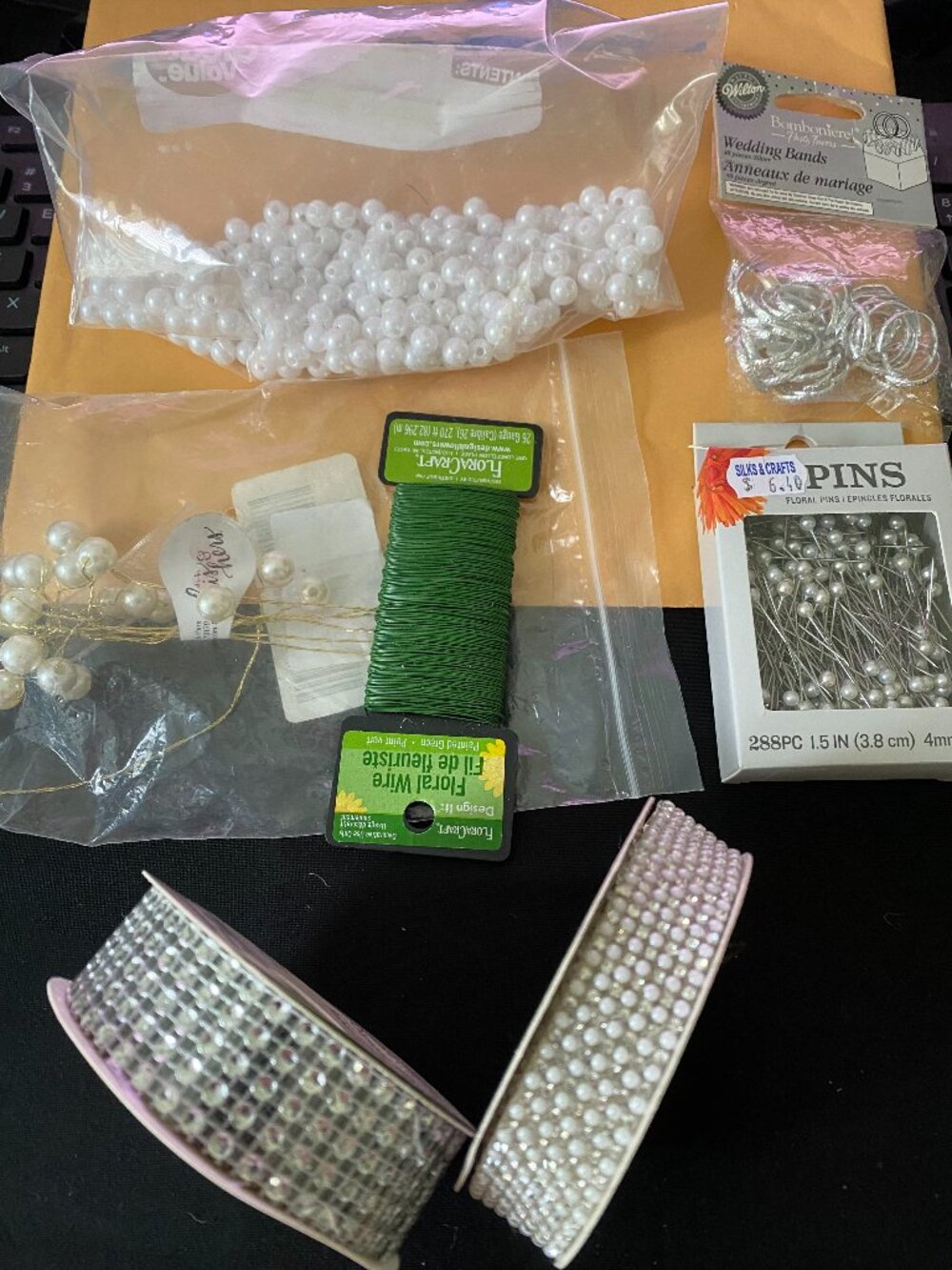 BUNDLE CRAFT SUPPLIES BOLT 100%WIRED JUTE, BEADED RIBBON, WIRE, CORSAGE PINS,ETC